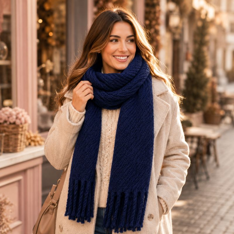 A woman wearing a Navy Blue Chunky Knit Winter Scarf with Fringe, a cream knit sweater, and a beige coat, standing on a softly blurred outdoor street.