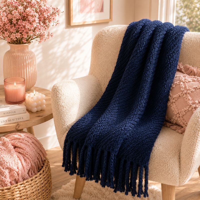 A Navy Blue Chunky Knit Winter Scarf with Fringe is draped over a cream bouclé armchair in a warm, sunlit living room setting.