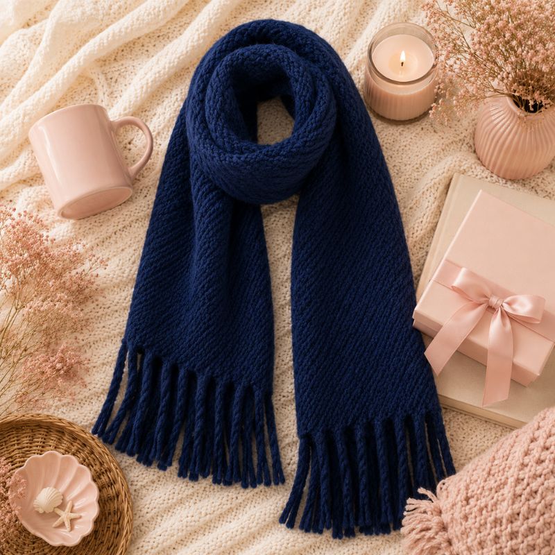 A Navy Blue Chunky Knit Winter Scarf with Fringe styled in a cozy flat-lay arrangement on a cream knit blanket alongside a pink mug, a lit candle, a gift box with a pink ribbon, and dried flowers.