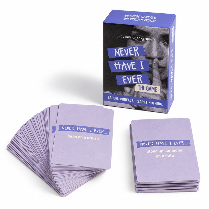 Journey of Something Never Have I Ever card game with box and lavender cards