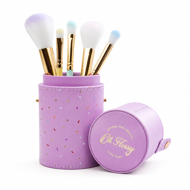 Oh Flossy 5-Piece Rainbow Makeup Brush Set with pastel brushes and storage case