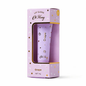 Oh Flossy Grape Natural Lip Gloss for Kids in lavender-purple packaging