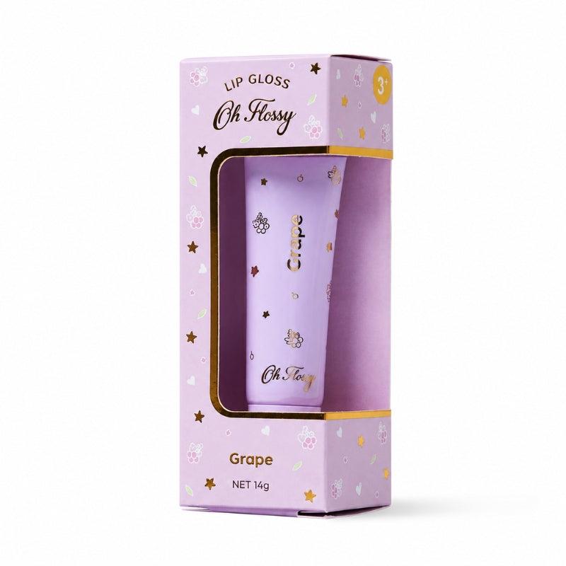Oh Flossy Grape Natural Lip Gloss for Kids in lavender-purple packaging