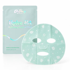 Oh Flosy Skincare Hydra Hit Hydrating Coconut Mask, featuring a light mint green stand-up pouch and a matching round sheet mask decorated with white stars and cute faces, set against a clean white background.