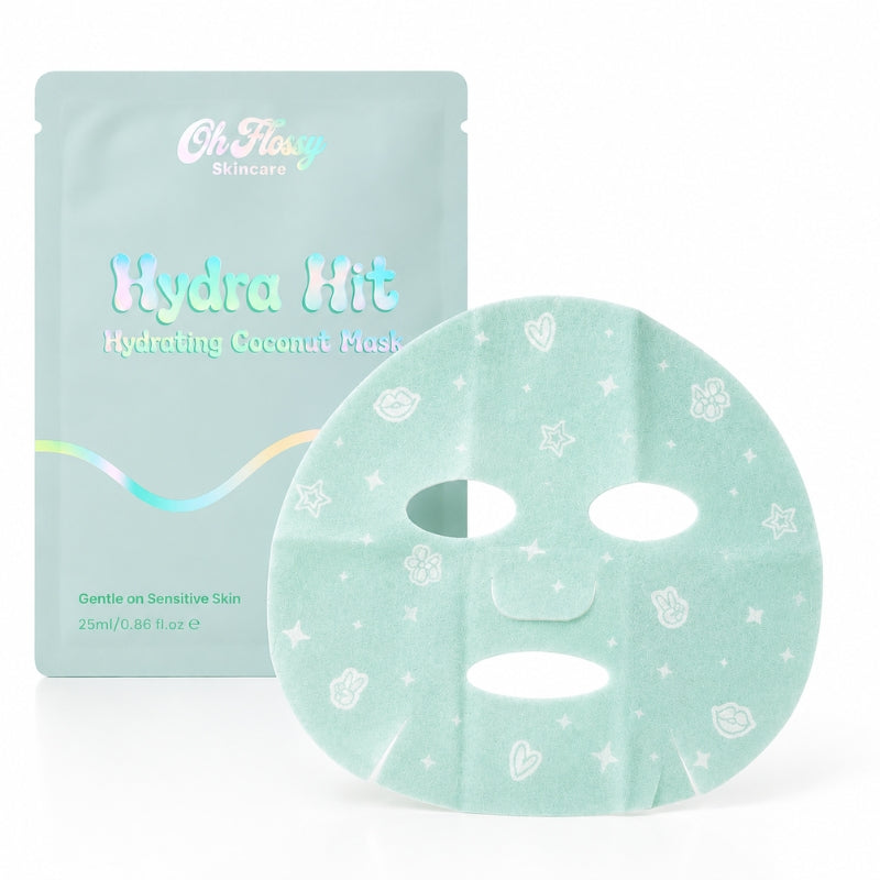 Oh Flosy Skincare Hydra Hit Hydrating Coconut Mask, featuring a light mint green stand-up pouch and a matching round sheet mask decorated with white stars and cute faces, set against a clean white background.