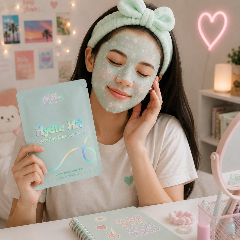 A woman wearing a mint green bow headband and a white T-shirt applies or wears a translucent face mask while holding a light blue packet labeled 'Hydra Hit' in a cozy, decorated room with shelves, string lights, and a pink heart-shaped neon light.
