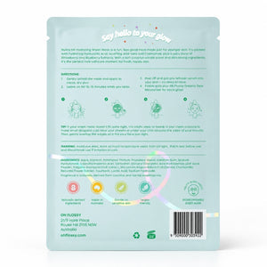 The back of an OH FLOSSY skincare pouch, featuring product instructions, ingredients, and application steps in a light mint green and white design with small illustrative icons.