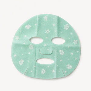 A mint green sheet mask with white printed cute icons including stars, hearts, and bunny faces, shown flat against a clean off-white background.