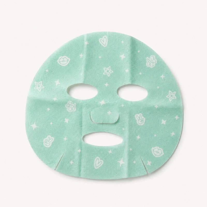 A mint green sheet mask with white printed cute icons including stars, hearts, and bunny faces, shown flat against a clean off-white background.