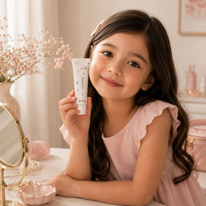 Child holding Oh Flossy Coconut Natural Lip Gloss for kids