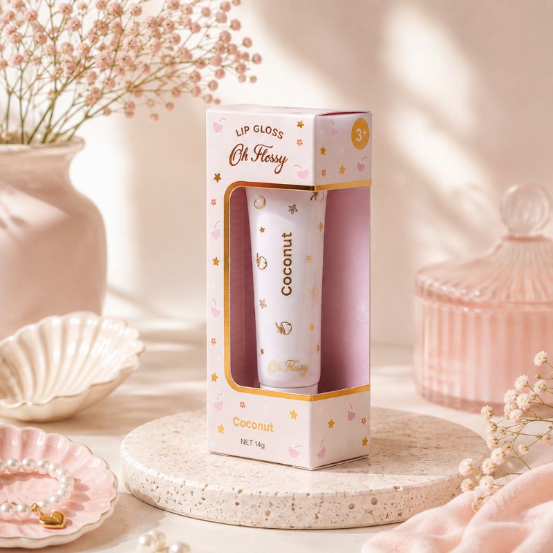 Oh Flossy Coconut Natural Lip Gloss in soft pink aesthetic product scene
