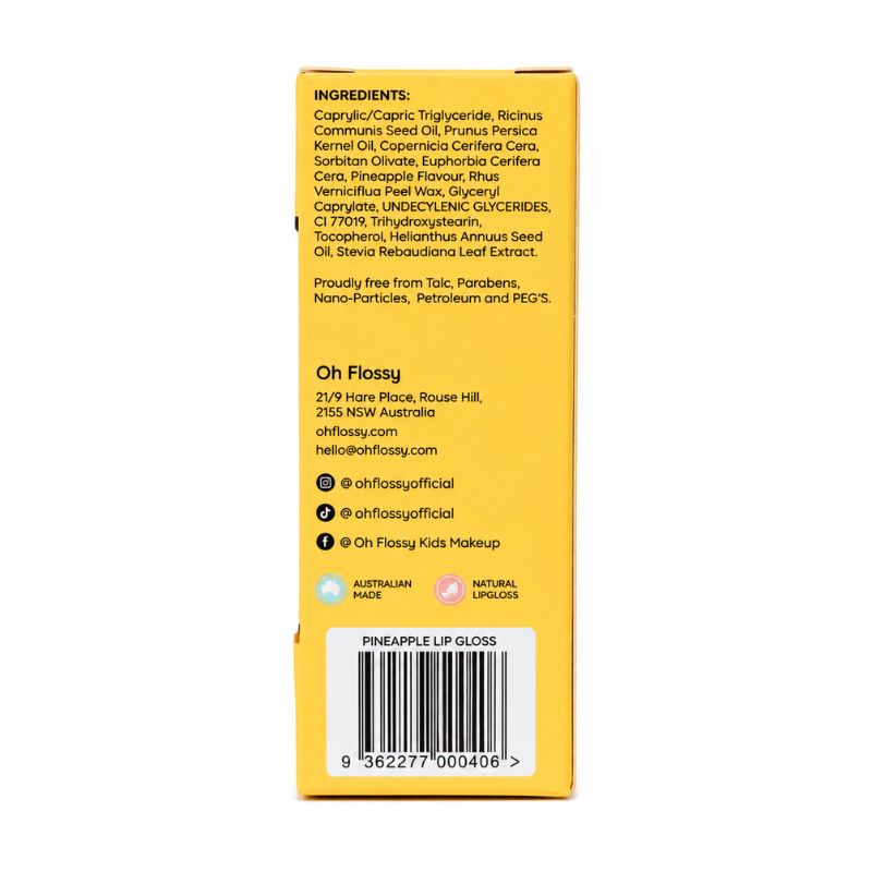 Oh Flossy Pineapple Lip Gloss for Kids displayed in yellow packaging
