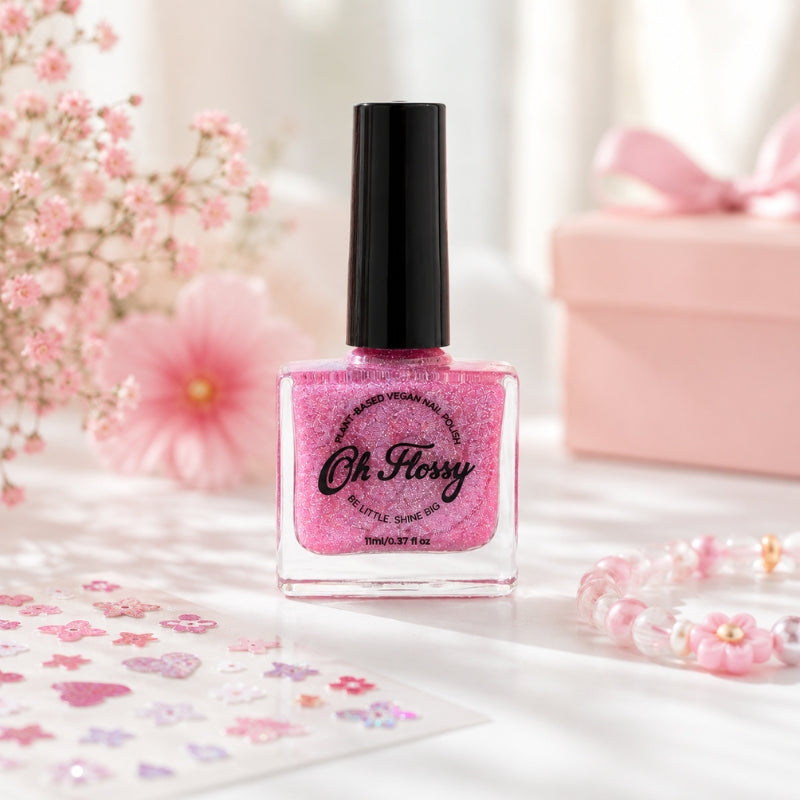 Oh Flossy Pink Glitter Kids Nail Polish with pastel nail stickers