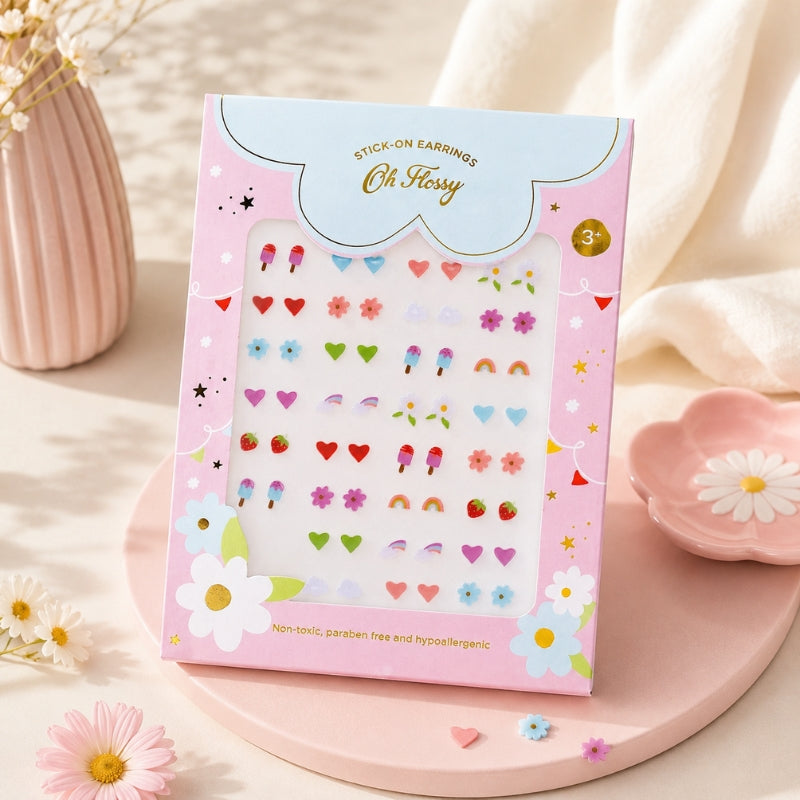 Oh Flossy Kids Stick-On Earrings aesthetic product mockup with floral accents