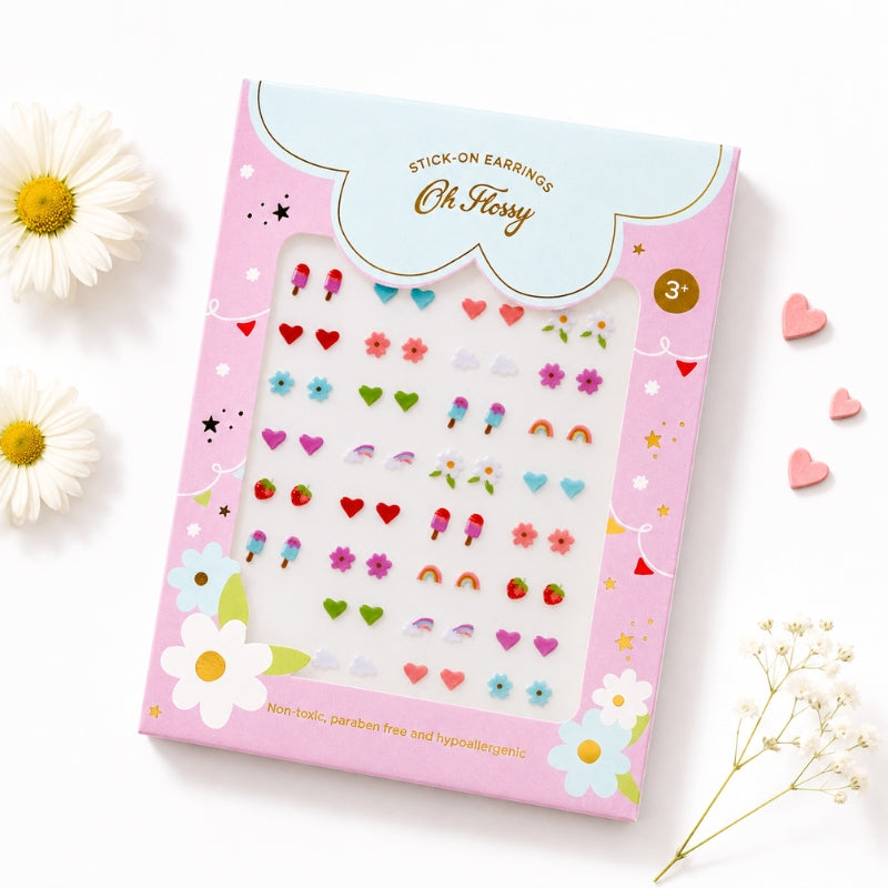 Oh Flossy Kids Stick-On Earrings aesthetic product mockup with floral accents