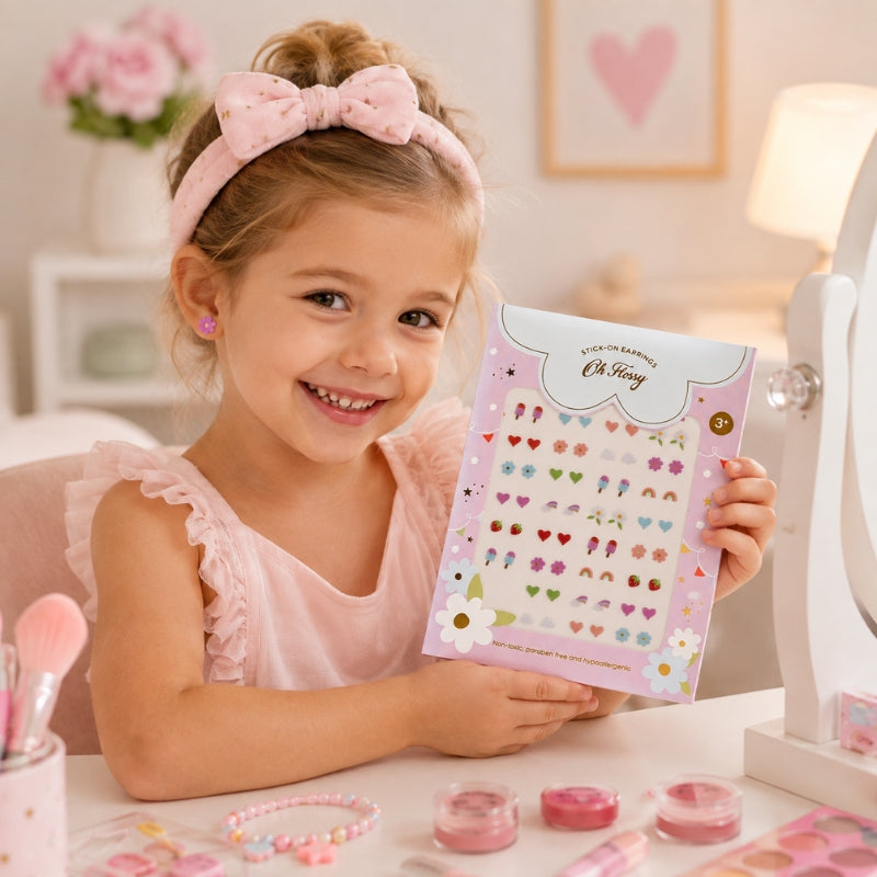 Oh Flossy Kids Stick-On Earrings lifestyle mockup with young girl