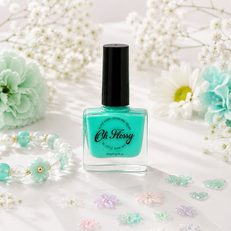 Oh Flossy Aqua Kids Nail Polish with pastel flowers and nail stickers