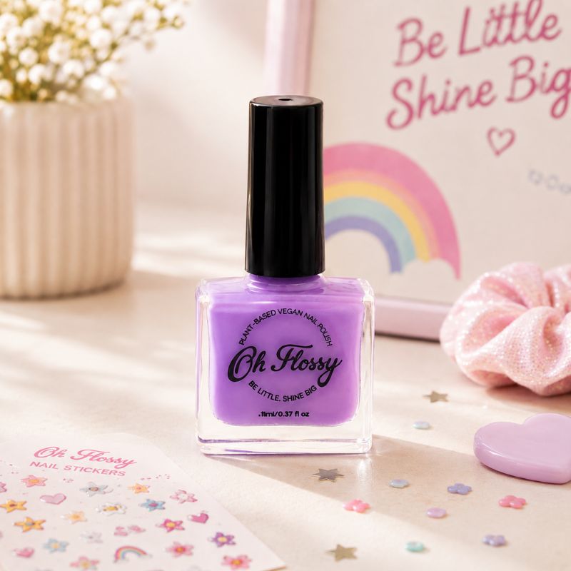 Oh Flossy purple kids nail polish with colorful beauty accessories