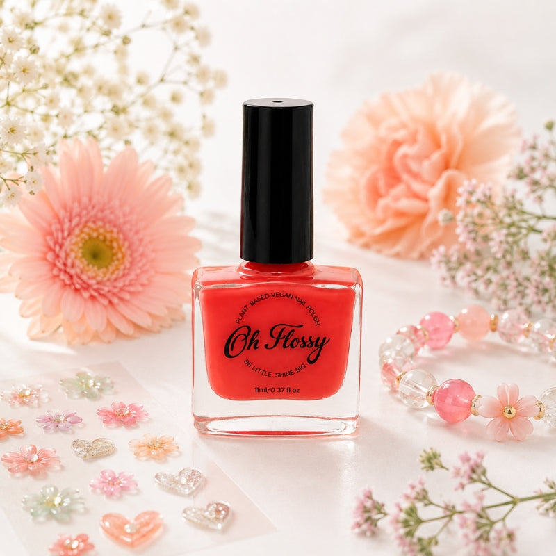 Oh Flossy Watermelon Kids Nail Polish bottle with pastel flowers and children’s nail stickers