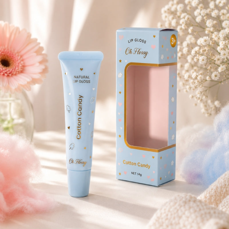 Oh Flossy Cotton Candy Natural Lip Gloss for Kids tube and box