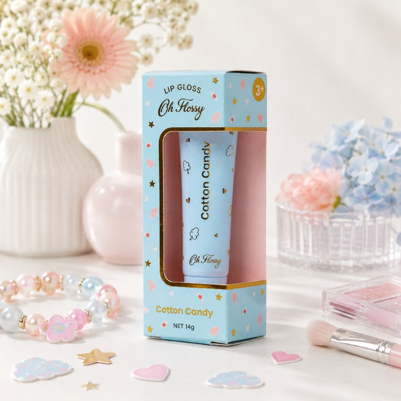 Oh Flossy Cotton Candy kids lip gloss tube and gift box lifestyle
