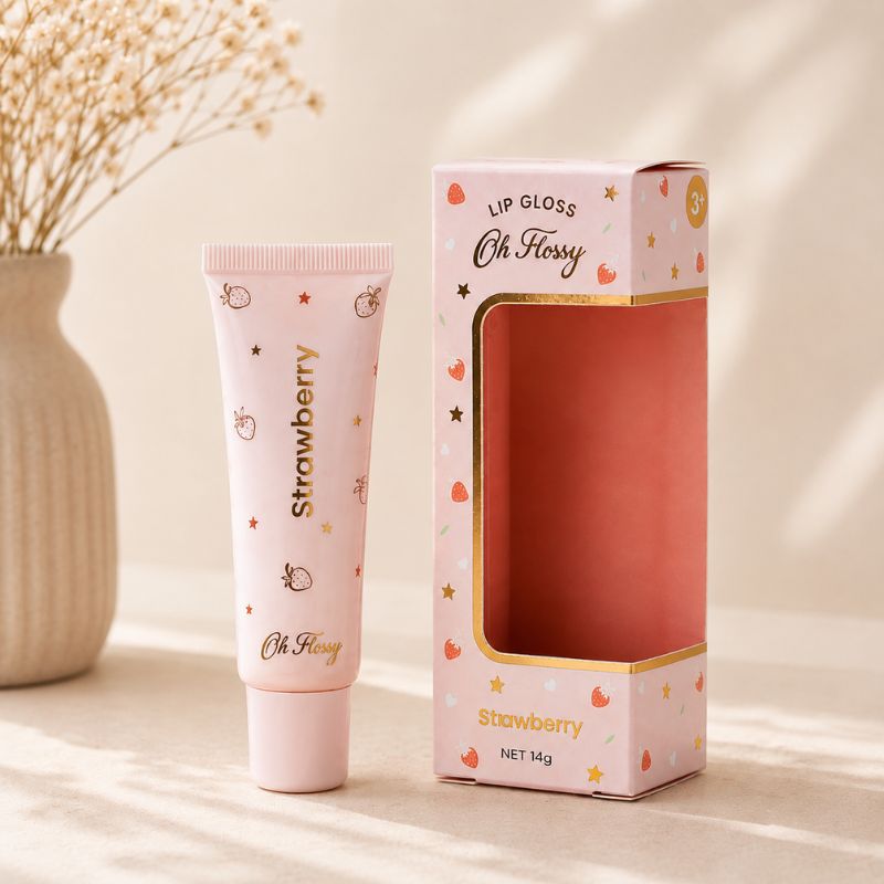 Oh Flossy Strawberry natural lip gloss for kids with decorative pink packaging
