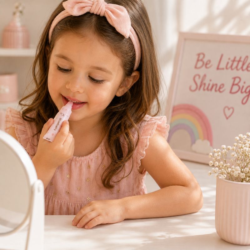 Child applying Oh Flossy Strawberry natural lip gloss at a pastel vanity