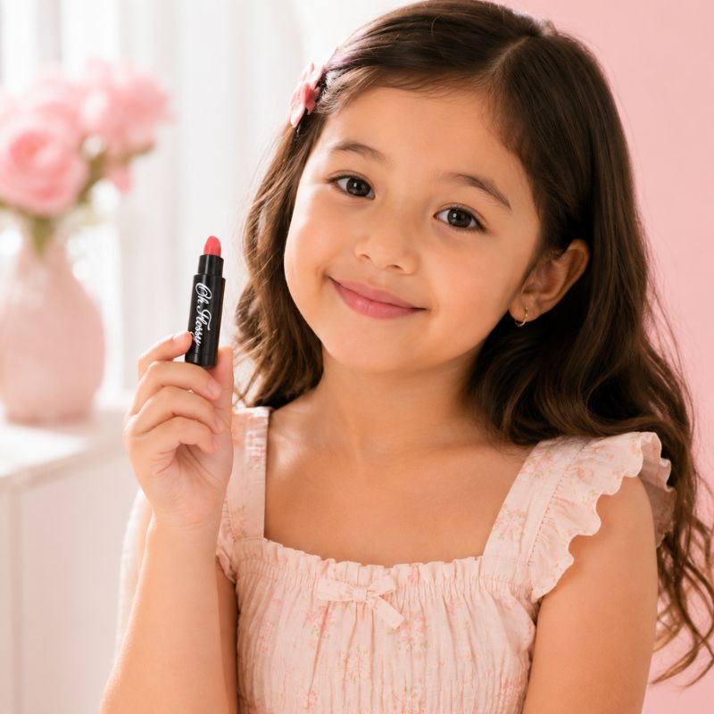 Child holding Oh Flossy Natural Lipstick for Kids in a soft pink shade