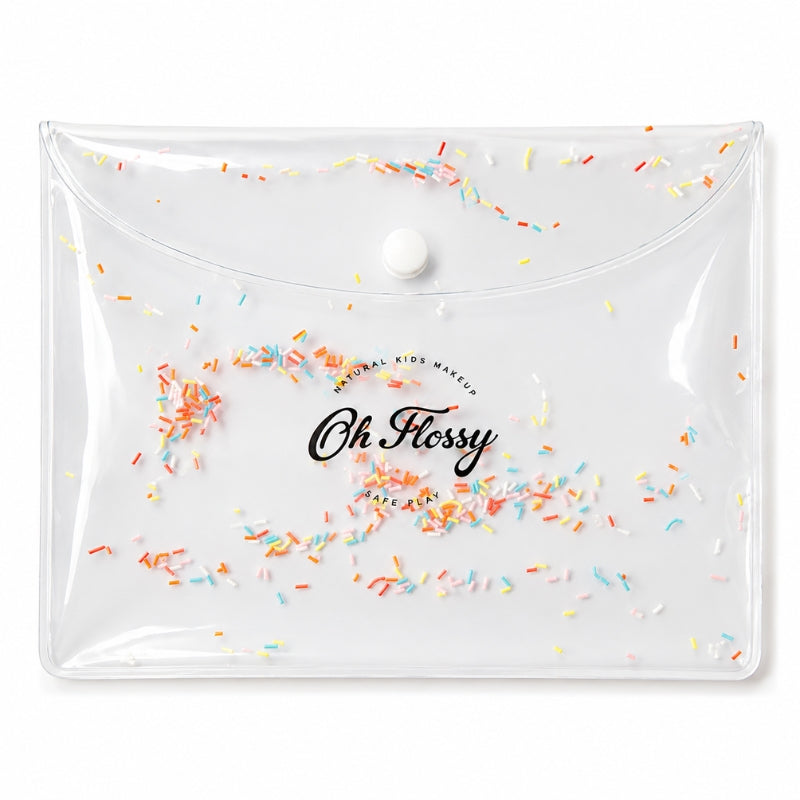 Oh Flossy Sprinkle Makeup Brush Set in colorful sprinkle-patterned packaging