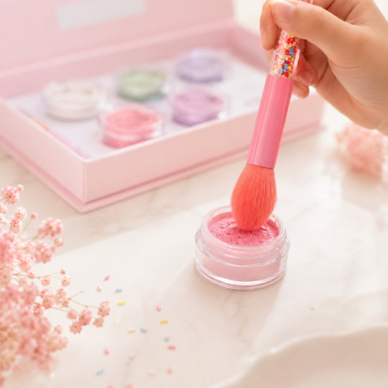 Child using a pink Oh Flossy Sprinkle Makeup Brush with colorful sprinkle handle