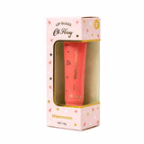 Oh Fussy Lip Gloss Watermelon in a pink box with a clear window showing the coral pink tube inside, decorated with small watermelon and star illustrations.