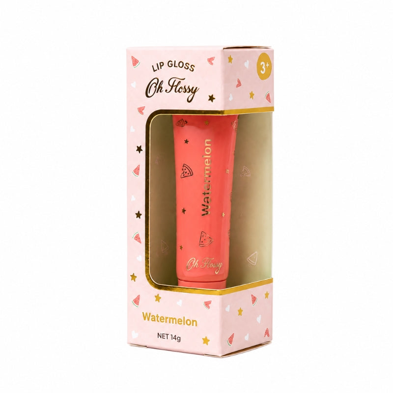 Oh Fussy Lip Gloss Watermelon in a pink box with a clear window showing the coral pink tube inside, decorated with small watermelon and star illustrations.