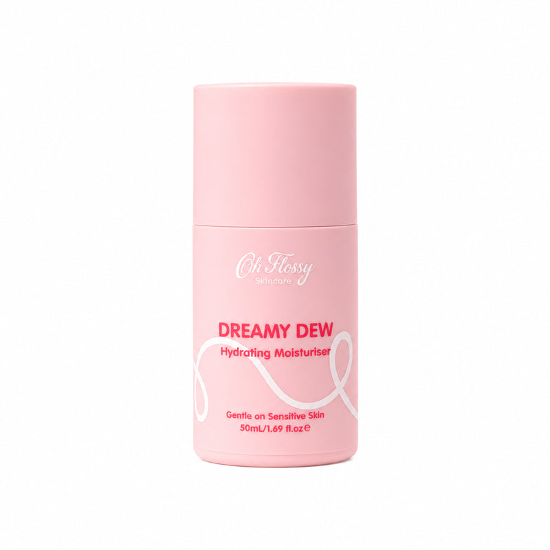 Oh Flossy Dreamy Dew Hydrating Moisturiser 50ml in pastel pink bottle on white background