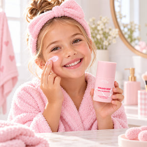 Smiling young girl applying Oh Flossy Dreamy Dew Hydrating Moisturiser while holding the pink bottle in a bathroom.