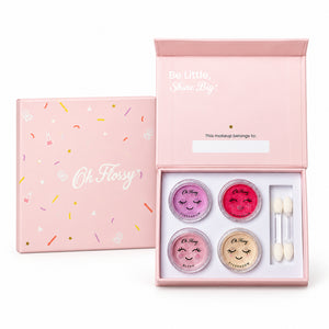 Oh Flossy Mini Makeup Set with eyeshadows, pink blush, lipstick and applicators in a pastel gift box