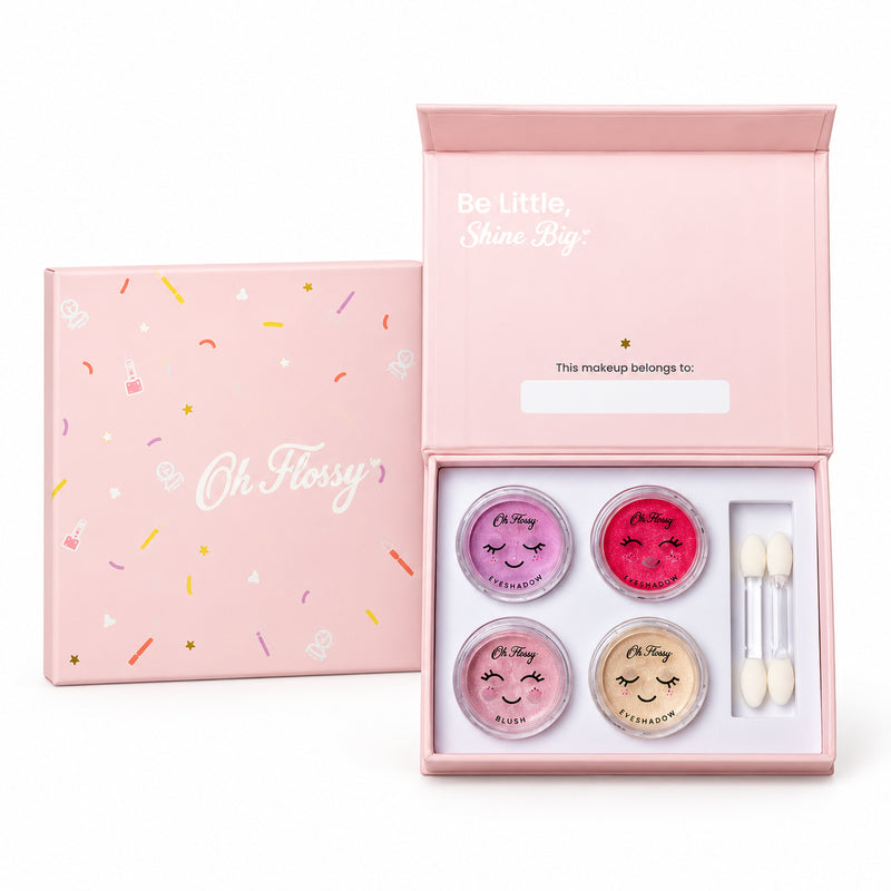 Oh Flossy Mini Makeup Set with eyeshadows, pink blush, lipstick and applicators in a pastel gift box