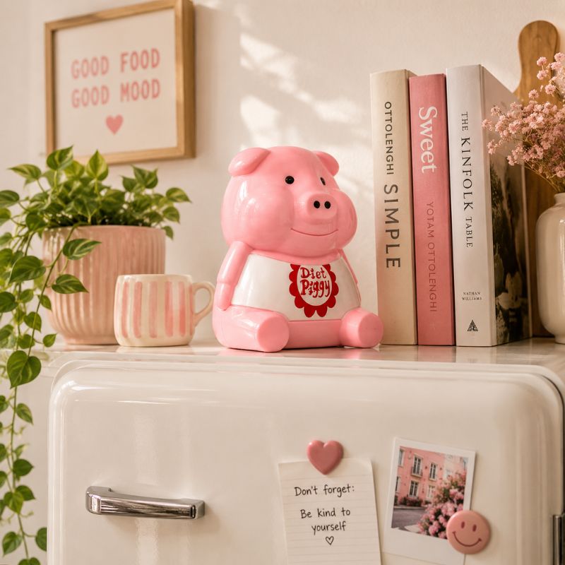 Pink piggy bank on a shelf with books and decorative items