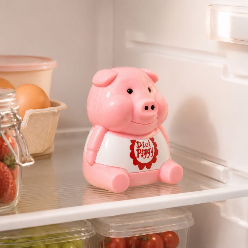 Pink piggy bank with 'Diet Piggy' text inside a refrigerator.