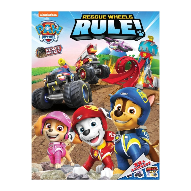 PAW Patrol Rescue Wheels activity book cover featuring the characters Chase, Marshall, and Rubble with monster trucks and a red spiral ramp on a dirt track.