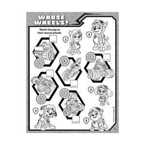 A black and white coloring worksheet titled 'Whose Wheels?' featuring Paw Patrol characters and vehicle wheels with numbered boxes for matching.