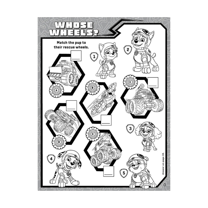 A black and white coloring worksheet titled 'Whose Wheels?' featuring Paw Patrol characters and vehicle wheels with numbered boxes for matching.