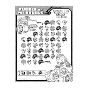A black and white printable activity sheet titled 'RUBBLE ON THE DOUBLE' with monster truck illustrations, a start/finish arrow, a key, and a grid of circular puzzle pieces on a patterned gray background.
