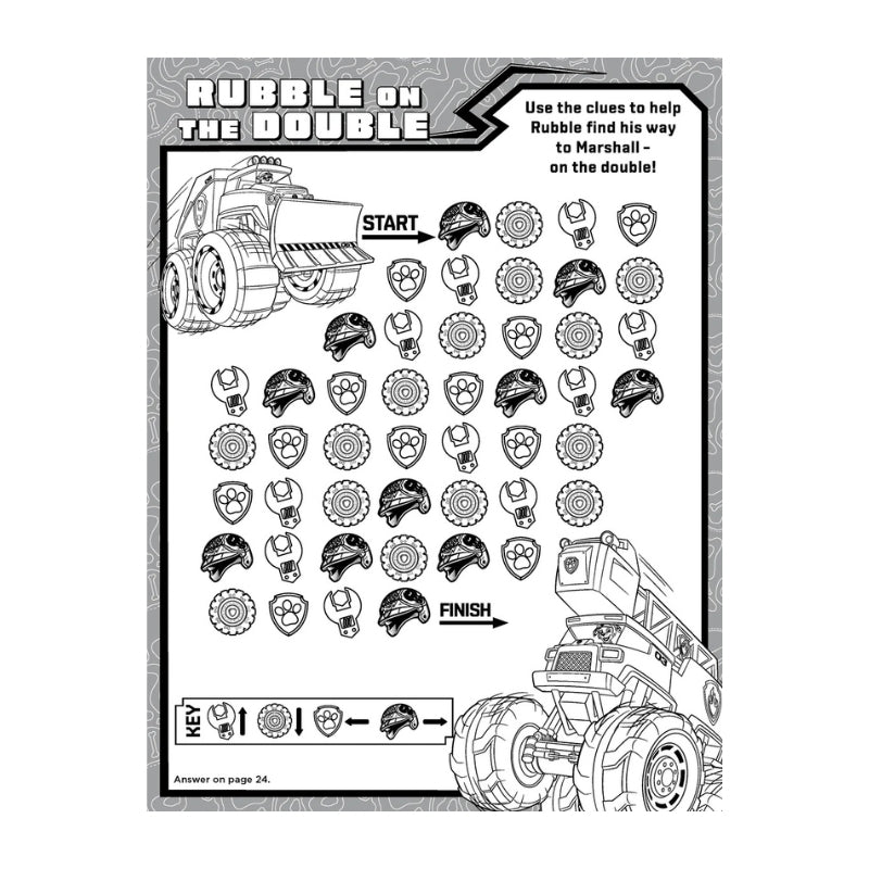 A black and white printable activity sheet titled 'RUBBLE ON THE DOUBLE' with monster truck illustrations, a start/finish arrow, a key, and a grid of circular puzzle pieces on a patterned gray background.
