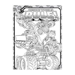 Black and white monster truck coloring page featuring the text 'Rescue Wheels Rule!' at the top, with multiple detailed monster truck illustrations outlined for coloring.