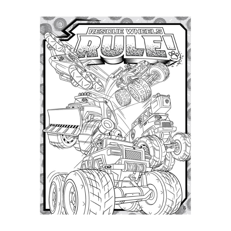 Black and white monster truck coloring page featuring the text 'Rescue Wheels Rule!' at the top, with multiple detailed monster truck illustrations outlined for coloring.