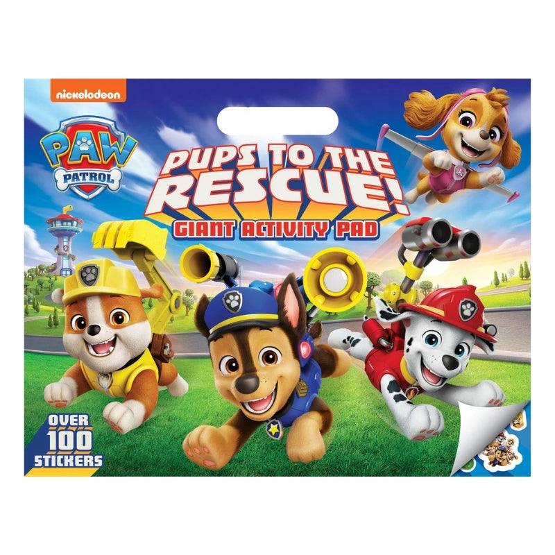 Paw Patrol 'Pups to the Rescue! Giant Activity Pad' featuring colorful cartoon puppy characters on the cover, with a hang hole at the top and a sticker section indicated in the lower left corner.