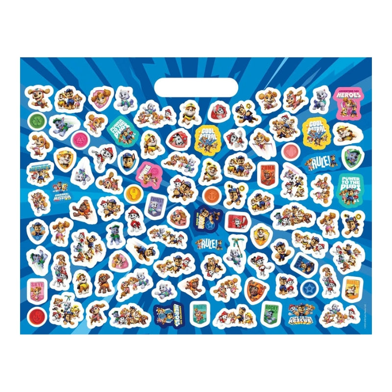 A blue sticker sheet featuring numerous cartoon dog stickers from the show 'Puppy Dog Paddywag'. The sheet includes a die-cut handle at the top and is displayed against a clean white background.