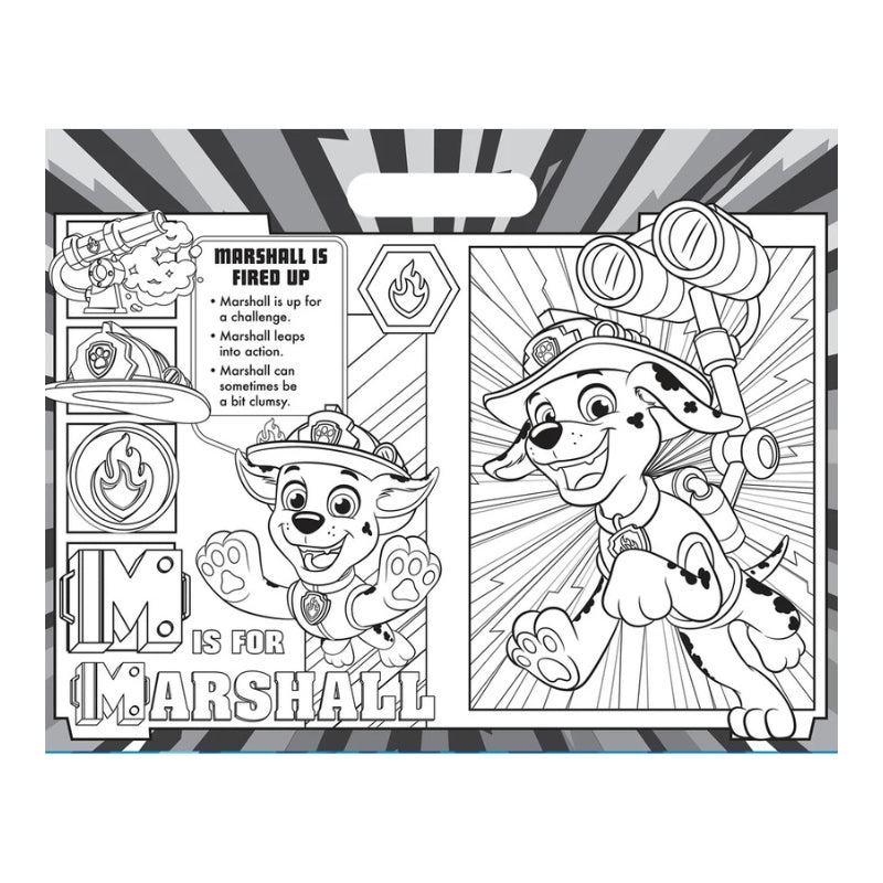 A black and white printable coloring page featuring the character Marshall from Paw Patrol in two panels with radiating line art, text reading 'MARSHALL IS FIRED UP' and 'M IS FOR MARSHALL', plus Paw Patrol-style badges and tools.
