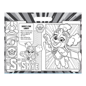 A Paw Patrol-themed coloring page or printable card featuring a black-and-white line art illustration of Skye in a superhero pose, with text reading 'SKYE'S THE LIMIT!' and additional Paw Patrol graphics on a gray and white striped background.
