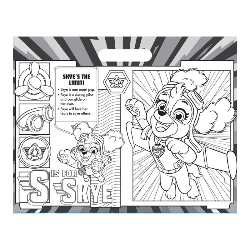 A Paw Patrol-themed coloring page or printable card featuring a black-and-white line art illustration of Skye in a superhero pose, with text reading 'SKYE'S THE LIMIT!' and additional Paw Patrol graphics on a gray and white striped background.